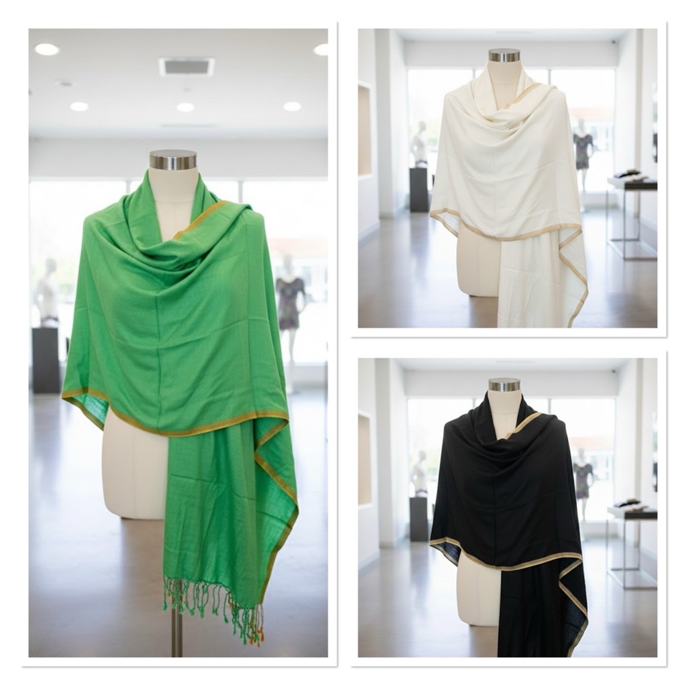 NEW! Trio of Elegant Shawls - White, Green, & Black - Ready for Gifting!